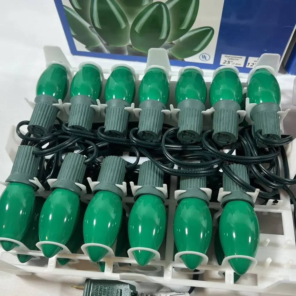 Vintage NEW C9 String Lights Green & Red Incandescent Ceramic Bulbs Ace Hardware
